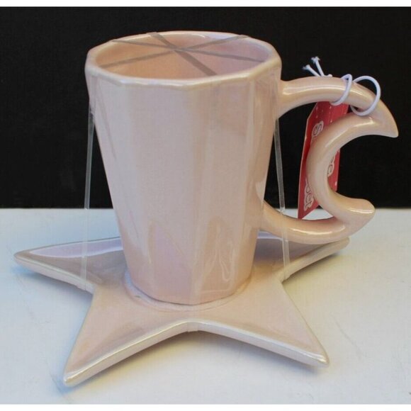 New Pink Ceramic Coffee Cup Mug Tea W/ Star & Moon Handle & Saucer Plate Set - Picture 3 of 3